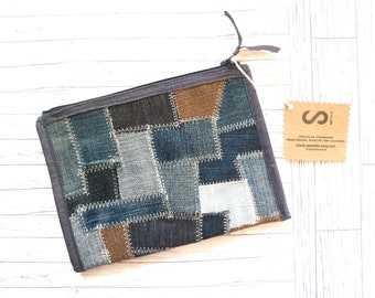 Bolsa de mezclilla con cremallera reciclada - Accesorio de jean azul de un solo compartimento - Patchwork de mezclilla sin desperdicio - Tela reutilizada Moda sostenible