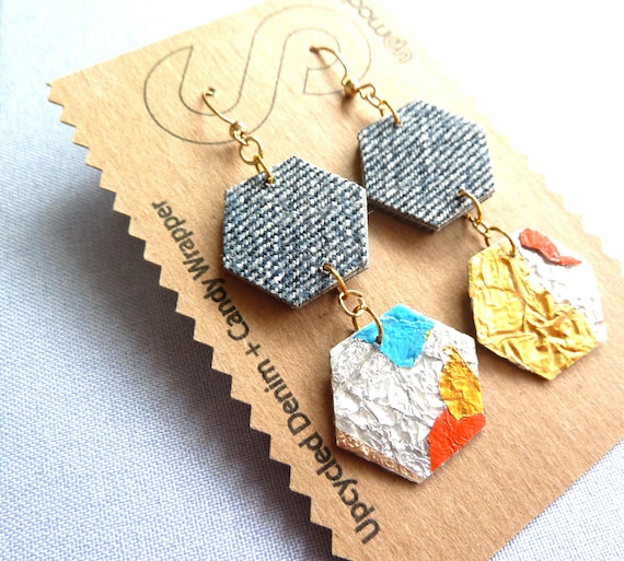 Upcycled Denim Hexagon Earrings: Lightweight Sustainable Jewelry