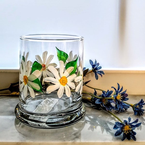 Hand painted glass candleholder, white daisy vase for her, sunflower home decor, maximalist candy dish, pencil holder teacher gift under 20