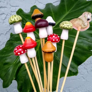 Hand-Painted Wooden Mushroom Plant Stake, Cottagecore Indoor Decor
