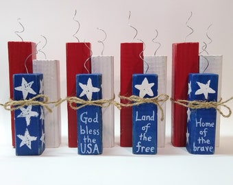 Wooden Firecracker Decorations, Patriotic Stars Stripes, July 4th Red White and Blue Rustic Decor