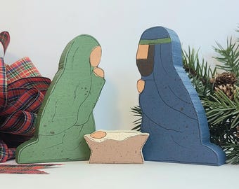 Wood rustic nativity set, Christmas holiday farmhouse decor, primitive folk art manger nativity scene
