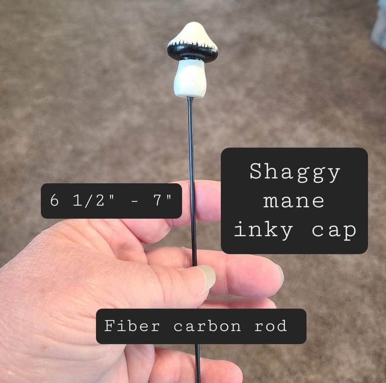 Hand-Painted Wooden Mushroom Plant Stake, Cottagecore Indoor Decor Inky Shaggy Mane