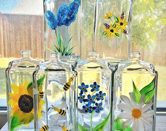 Hand Painted Glass Bud Vase: Bumble Bee, Sunflower, Forget-Me-Nots