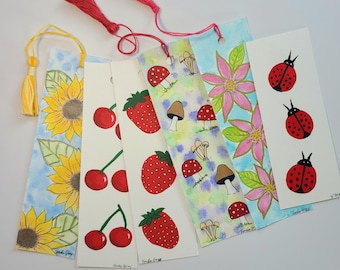 Hand painted bookmark, book lover gift, ladybug, fruit, mushroom decor, bookish