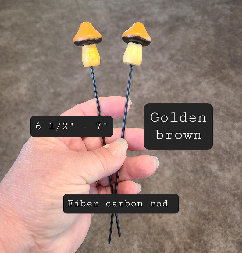 Hand-Painted Wooden Mushroom Plant Stake, Cottagecore Indoor Decor Golden Brn w/carbon