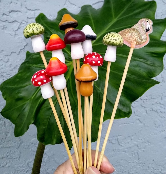 Hand-Painted Wooden Mushroom Plant Stake, Cottagecore Indoor Decor