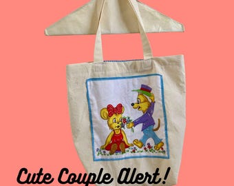 Handmade Tote Bag: Vintage Couple Hanky Design, Upcycled Materials