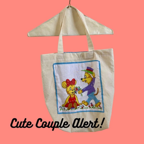 Handmade Tote Bag: Vintage Couple Hanky Design, Upcycled Materials