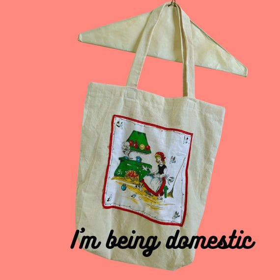 Handmade "I'm Being Domestic" Tote Bag: Upcycled Fabric Lunch Bag