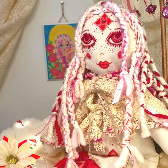 Hand Embroidered Chakra Ragdoll: Root Chakra, Organic Wool