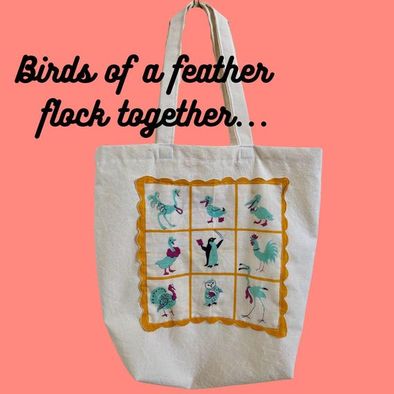Handmade Birds of a Feather Tote Bag: Upcycled Fabric Art