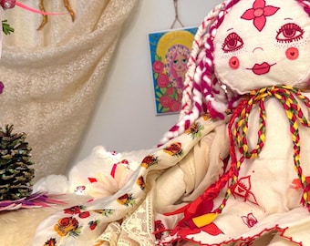 Handmade Root Chakra Rag Doll: Embroidered Face, Organic Wool