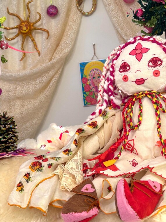 Handmade Root Chakra Rag Doll: Embroidered Face, Organic Wool