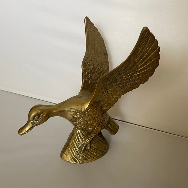 Vintage Solid Brass Standing Duck on Rock