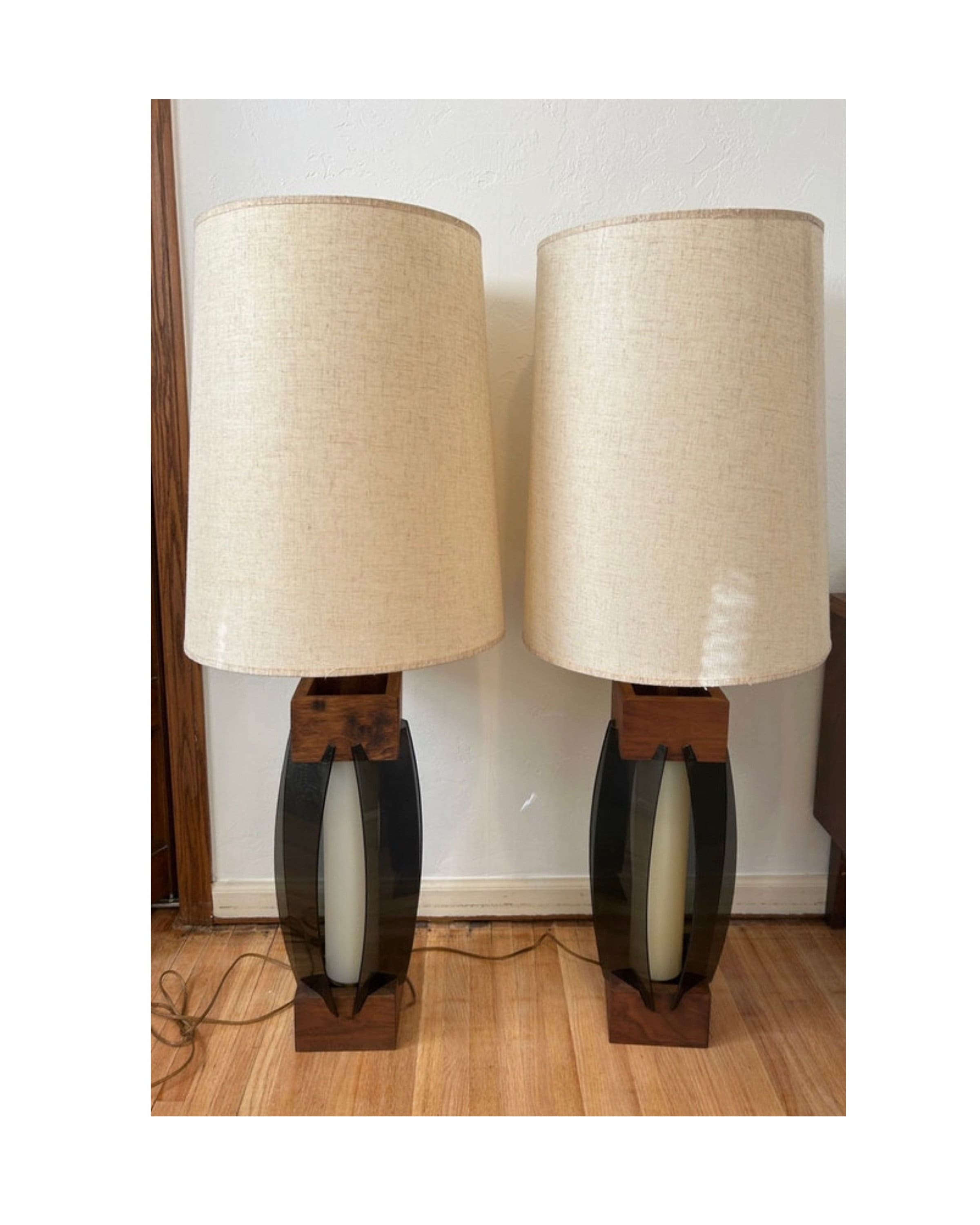 MCM Pair of Wood and Lucite Table Lamps
