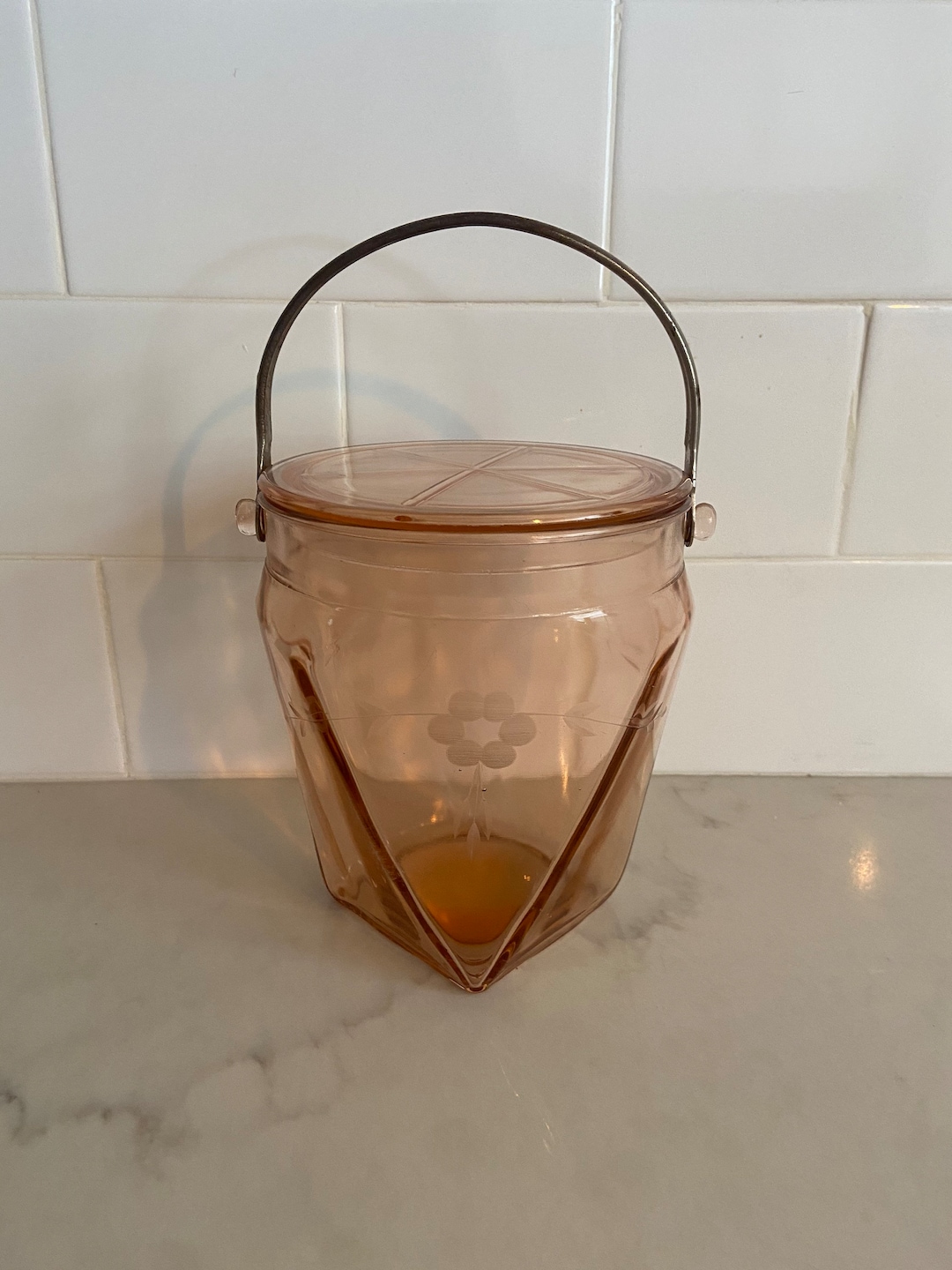 Pink Depression Glass Ice Bucket With Metal Handle and Etched Etsy