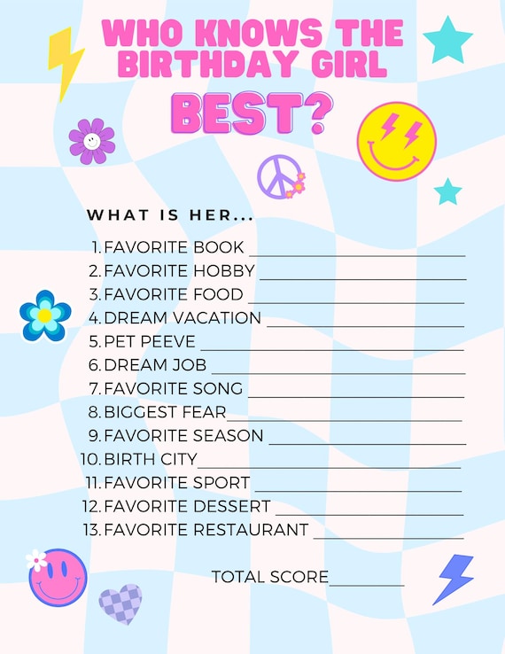 Preppy Game Who Knows the Birthday Girl Best? Girls Birthday Party  Games Birthday Party Slumber Party Game Printable Smiley Face
