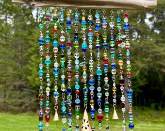 Sparkly Rainbow Glass Driftwood Wind Chime, Bead and Fairy Bell Mobile,  Zen Decor,  Window Decor