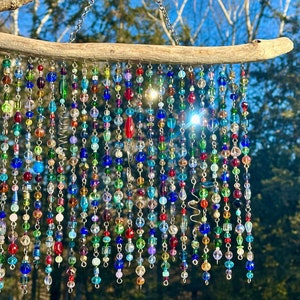 Sparkly Glass Bead Driftwood Suncatcher, Shimmery Bright Glass Mobile, Glass Rainbow Accent, Glass Bead Window Curtain