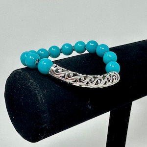 Turquoise Stretch Bracelet: Silver Filigree Bead, Southwestern Jewelry