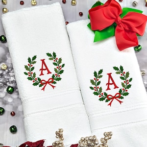 Personalized Custom Embroidered Christmas Holly Wreath Monogrammed Initial Hand Towel and Sets