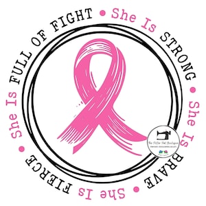 Cáncer de mama SVG. Ella es fuerte, valiente, feroz, llena de lucha. Círculo con cinta SVG. Ella es SVG. Cinta contra el cáncer de mama.