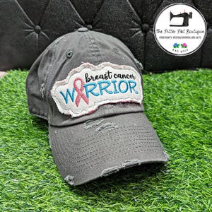 Distressed Grey Hat with Embroidered Raggy Breast Cancer Warrior Pink Ribbon Patch. Cancer Ribbon Hat. Cancer Warrior Hat. Cancer Fight Hat.