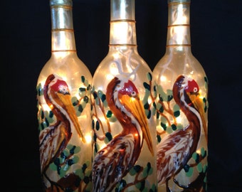 One Louisiana Brown Pelican Wine Bottle Lamp