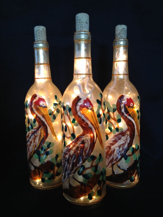 One Louisiana Brown Pelican Wine Bottle Lamp