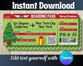 EASY! DIY! Printable Editable Boarding Pass Surprise Fake Airline Ticket Trip Gift Print at home Airplane Flight Destination Plane Christmas