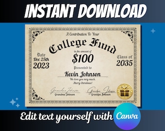 Printable Editable College Fund Certificate Gift Contribution to tuition for University Print at home present Birthday Graduation Christmas