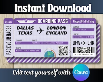 May include: A printable boarding pass design for a 30th birthday party. The design features a purple and white striped background with a plane ticket design. The text on the ticket reads "Dallas Texas" to "London England" with a departure date of March 15th to April 2nd. The text "Happy 30th Birthday" is also included on the ticket.