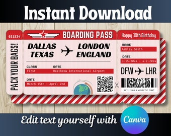 DIY Printable Editable Boarding Pass Surprise Fake Airline Ticket Trip Gift Print at home! Airplane Flight Destination Plane Download Red