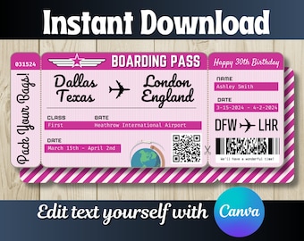 Printable Editable Boarding Pass Surprise Fake Airline Ticket Trip Gift Print at home Airplane Flight Destination Plane Download Barbie Pink