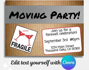 Printable Moving Party Invitation Custom Farewell Cardboard Box Style, DIY package Going Away Party Bon Voyage HouseWarming New Home