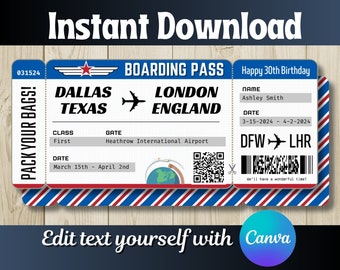 DIY Printable Editable Boarding Pass Surprise Fake Airline Ticket Trip Gift Print Airplane Flight Destination Plane Download Red White Blue