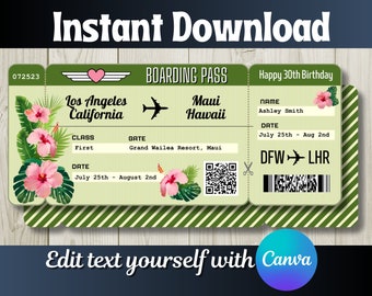 DIY Tropical Boarding Pass Canva Template Printable Editable Surprise Fake Airline Ticket Trip Gift Airplane Flight Destination Plane Island