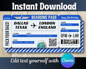 DIY Printable Editable Boarding Pass Surprise Fake Airline Ticket Trip Gift Print at home! Airplane Flight Destination Plane Download Blue