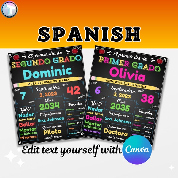 SPANISH ! Carteles de Primer Dia de Escuela Easy DIY Canva Printable Editable First Day of School Sign 1st Day Back Chalkboard Printable