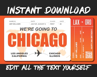 DIY Printable Editable Boarding Pass Surprise Fake Airline Ticket Trip Gift Print at home! Airplane Flight Destination Plane Download Orange