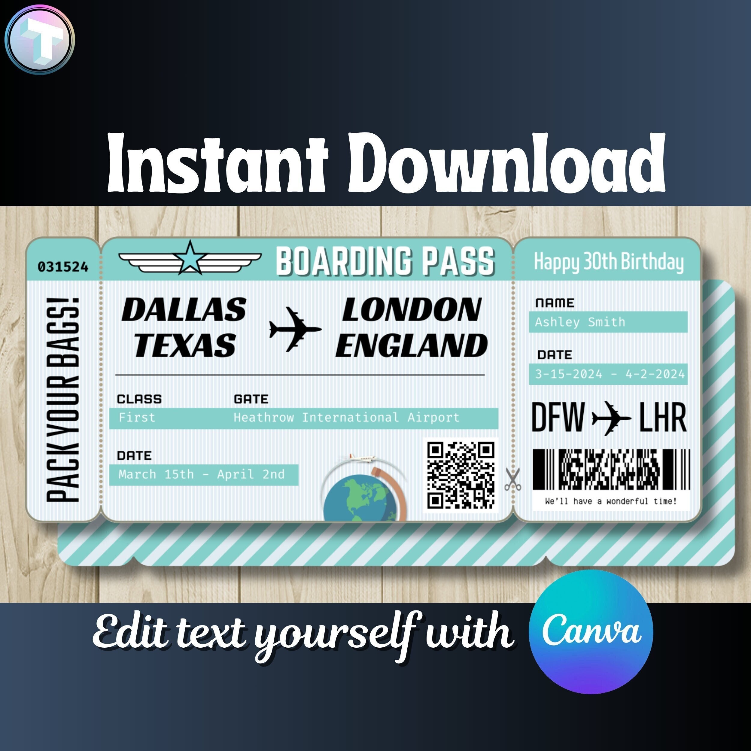 DIY Printable Editable Boarding Pass Surprise Fake Airline Ticket Trip Gift Print at home! Airplane Flight Destination Plane Download Mint