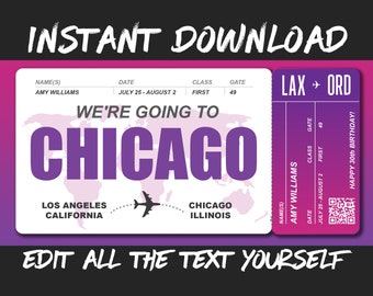 DIY Printable Editable Boarding Pass Surprise Fake Airline Ticket Trip Gift Print at home! Airplane Flight Destination Plane Download Purple