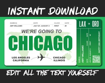 DIY Printable Editable Boarding Pass Surprise Fake Airline Ticket Trip Gift Print at home! Airplane Flight Destination Plane Download Green