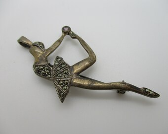 Vintage Sterling Silver Marcasite and Amethyst Ballerina Dancer Pendant Brooch