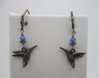 Vintage Sterling Silver Beaded Hummingbird Dangle/Drop Hanging Earrings