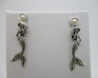 Vintage Silver Tone Mermaid with Pearls Dangle/Drop Hanging Earrings