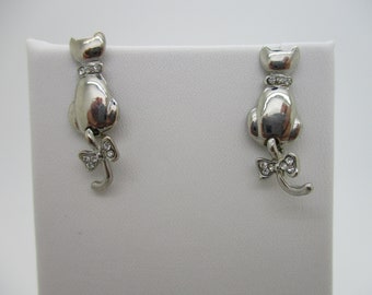 Vintage Silver Tone Cat with Rhinestones Dangle/Drop Hanging Earrings