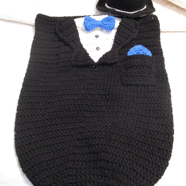 Crochet Pattern Tuxedo Papoose/Sac with Top Hat, Bow Tie, Long Tie and Kerchief - Newborn OR  3-6 months