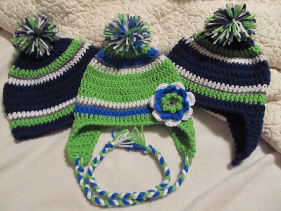 Baby to Adult Sizes Crochet Mr OR Mrs Seahawk hat with Mohawk OR Ponytails